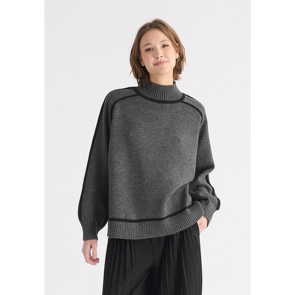 PAISIE Sweater Women’s Contrast Stripe Piping Mock Neck Jumper Wool Blend